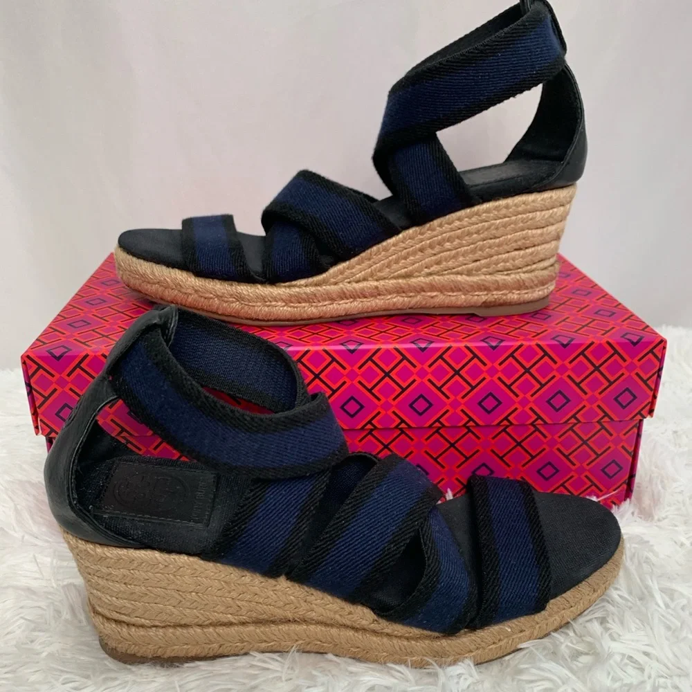 Clearance💥 Tory Burch Navy Black Wedge Espadrilles Sz 7